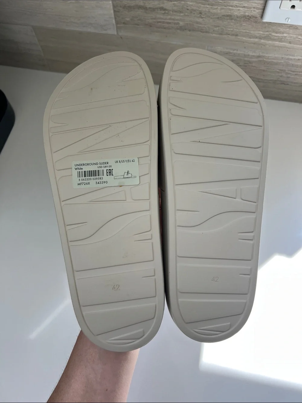 ALLSAINTS underground logo open toe slip on slider sandals cream light gray 42